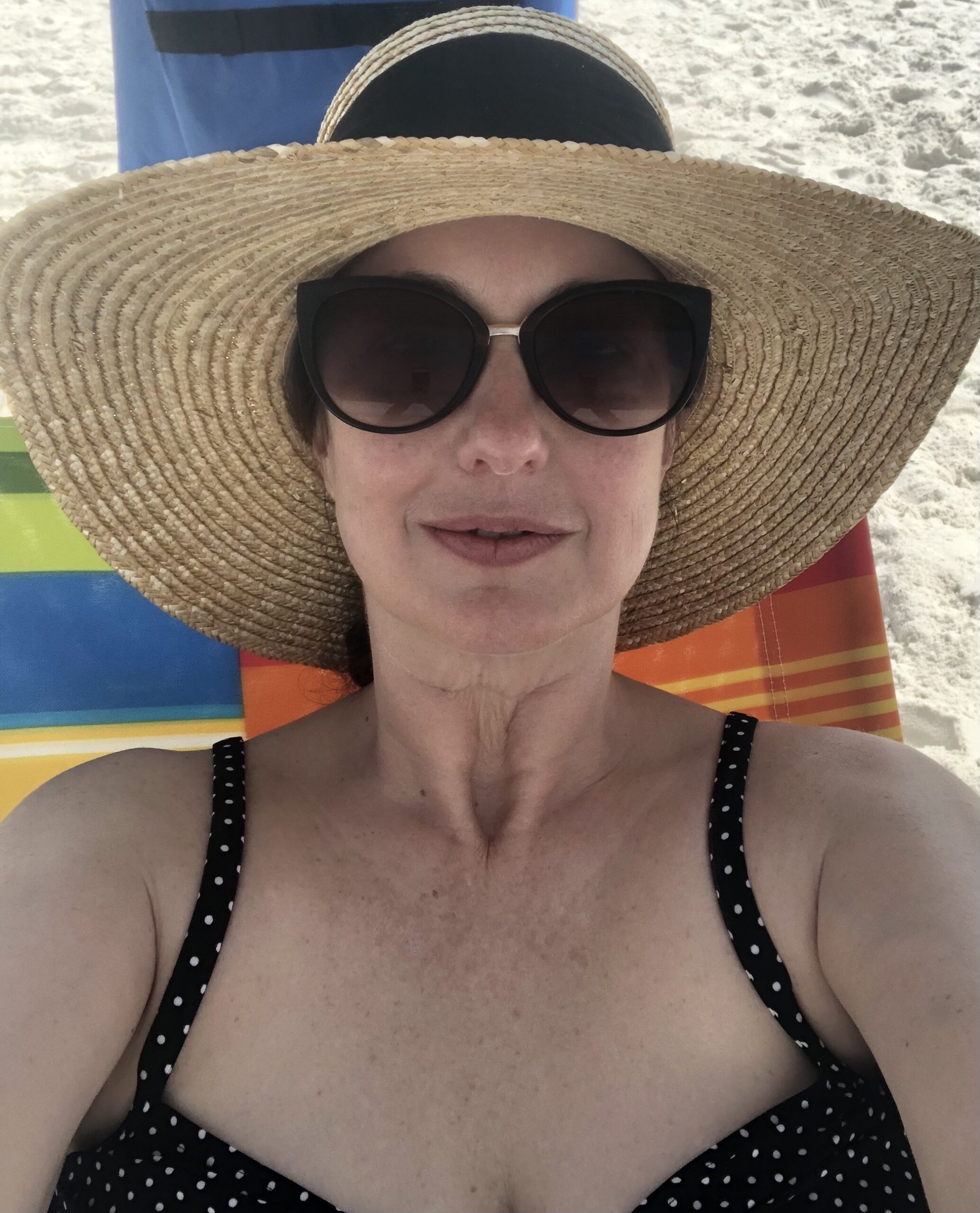 Women on a sandy beach wearing sunglasses and hat